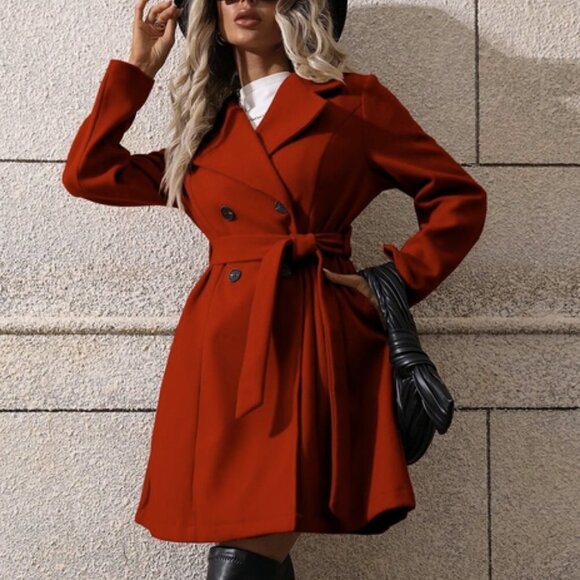 RED Preppy Womens Lapel Neck Double Breasted Belted Overcoat - Picture 2 of 5
